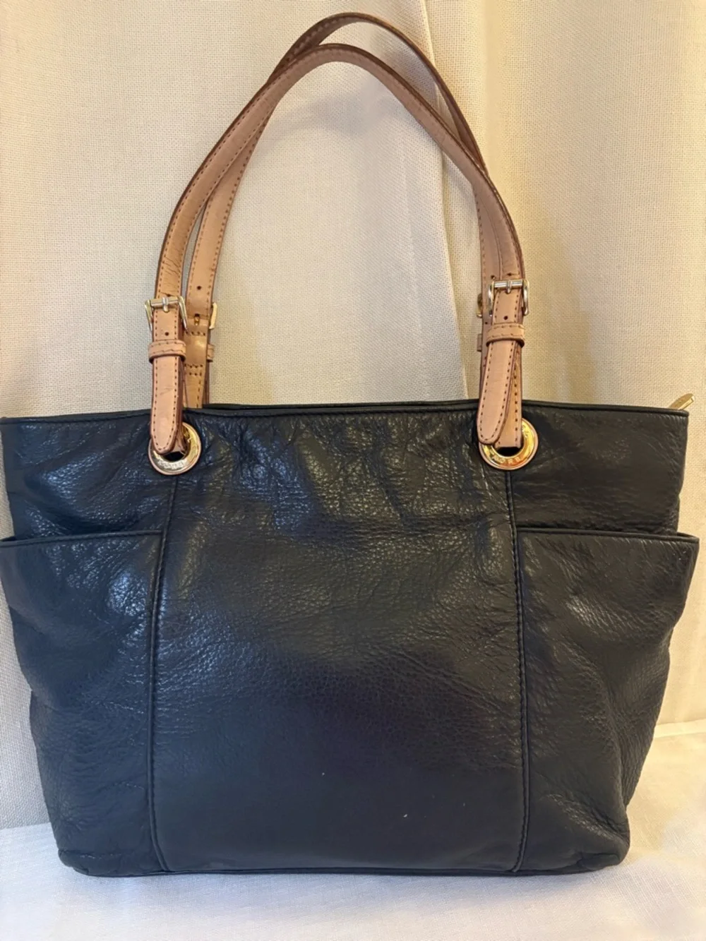 Michael Kors Black Pebbled Leather Jet Set Tote Shoulder Bag Gold Hardware LG